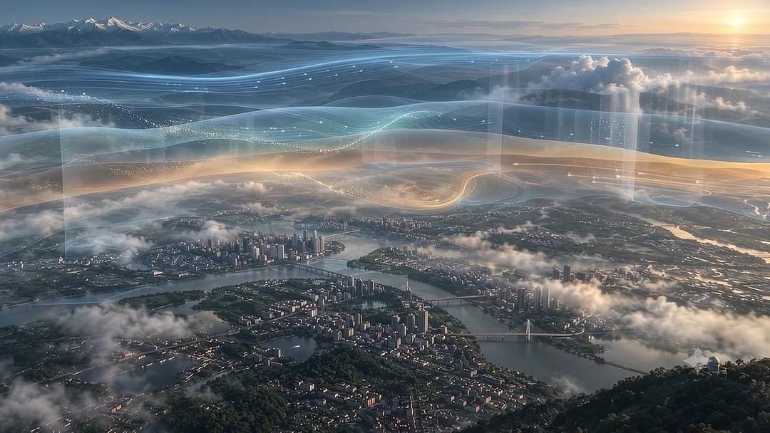 Conceptual city airshed with atmospheric flow, satellite observations and air quality monitoring; not measured data.